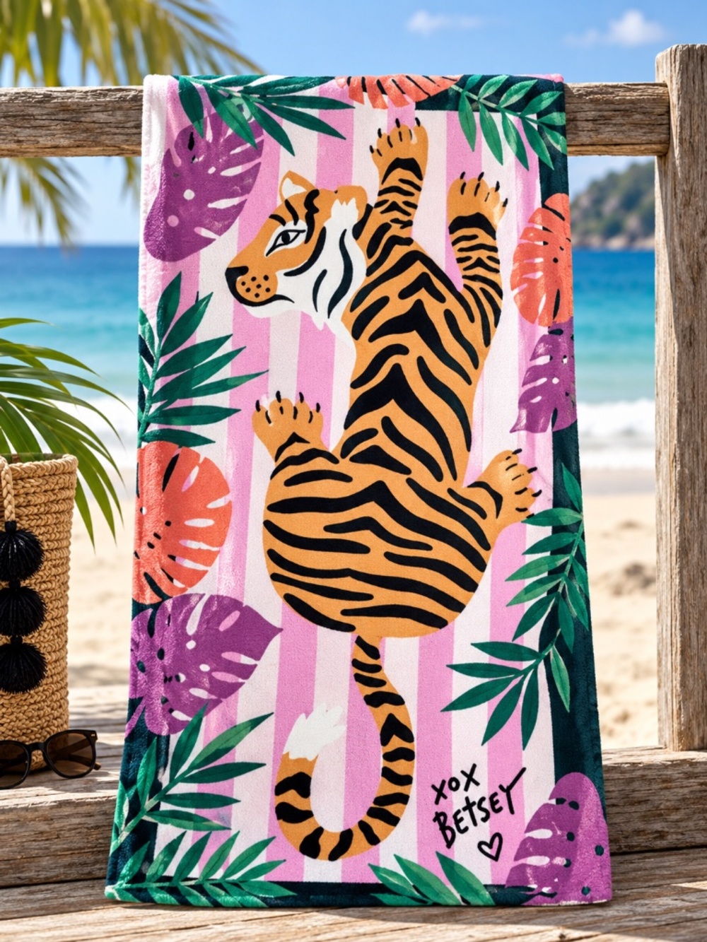 Betsey Johnson Beach Towel Tiger Tropical Pink Striped 36x68 Cotton NWT